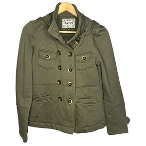 Sugarlfy Jacket Coat Olive Green Button-Up Removeable Hood Military Style Medium